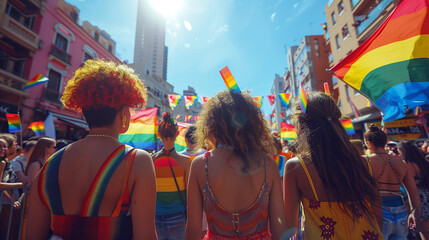 Rear view of people in the pride parade. A group of people on the city street with a gay rainbow flag support lgbtqi, colorful people
