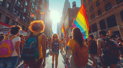 , colorful marchpeople in the pride parade. A group of people on the city street with a gay rainbow flag support lgbtqi