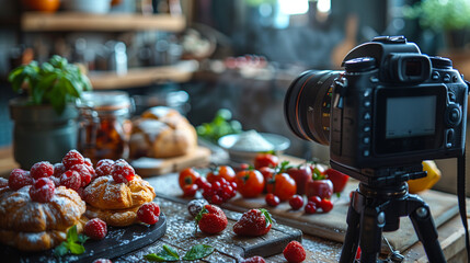 vlogger baking and recording video for food channel. pastry chef vlogging with her camera mounted on a tripod in the kitchen