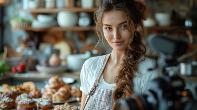Young woman vlogger baking and recording video for food channel. Female pastry chef vlogging with her camera mounted on a tripod in the kitchen for sharing on social media online channels