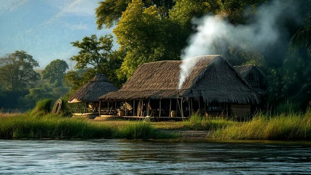 Rural Riverside Sanctuary: A Village House Tucked Away by the River, Inviting Relaxation. Crafted by Generative AI