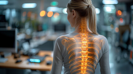 highlighted spine of the neck and back of a woman with neck and back pain in the office, medical concept, office syndrome, a woman standing in a office with neck and back pain highlighted the bones - obrazy, fototapety, plakaty