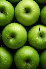 Fresh green apples filling the entire frame with droplets of water glistening, food background, overhead shot