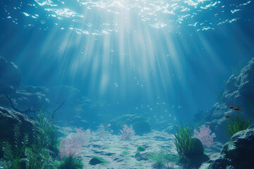 Fototapeta na wymiar Underwater scene with sun rays and sun