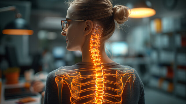 highlighted spine of the neck and back of a woman with neck and back pain in the office,, office syndrome, a woman with neck and back pain highlighted the bones