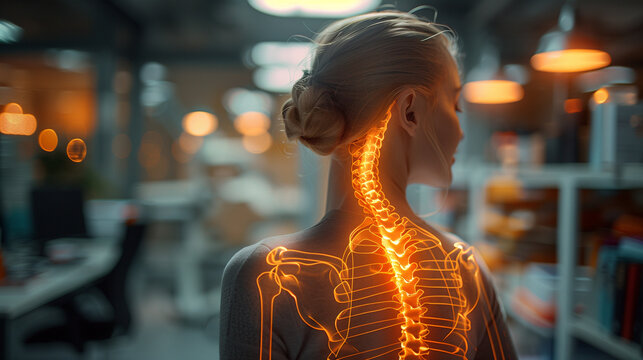 highlighted spine of the neck and back of a woman with neck and back pain in the office, medical concept, office syndrome, a woman with neck and back pain highlighted the bones in neck