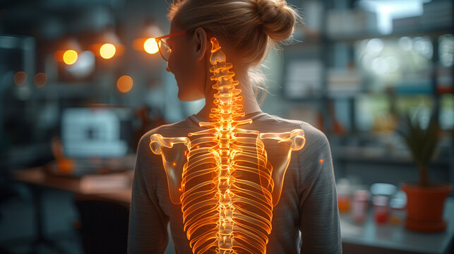 highlighted spine of the neck and back of a woman standing in an office with neck and back pain in the office, medical concept, office syndrome, a woman with neck and back pain highlighted