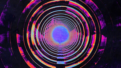 Abstract tunnel-like view with colorful concentric circles against dark background and distressed texture