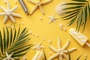 Fototapeta na wymiar Top view flat lay minimal summer holiday vacation concept, starfish, tropical palm, sugar ice cream popsicle on yellow background