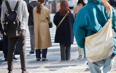 冬の昼の街の交差点の横断歩道で信号待ちの人々の姿