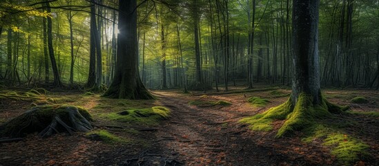 The sunlight filters through the trees in the forest, creating a beautiful natural landscape filled with plant life