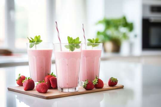 Strawberry smoothie in glasses in white modern kitchen with fresh berries