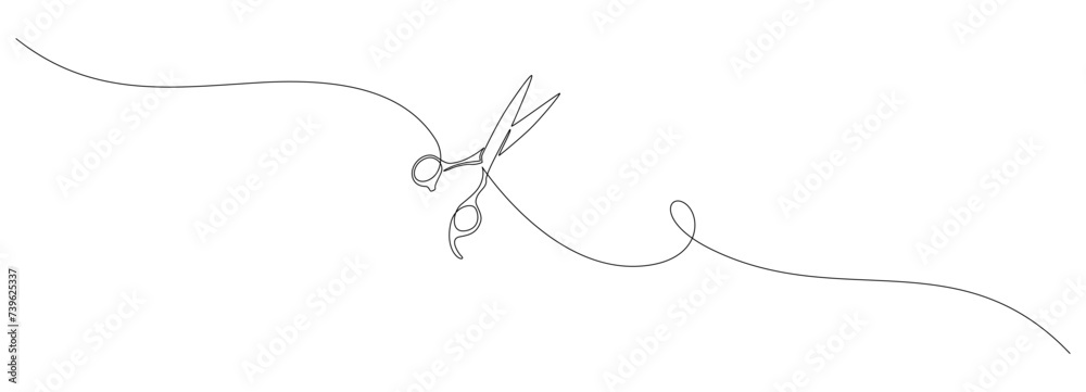 Poster one continuous line drawing of hair scissors. minimalistic web banner and modern logo of barber shop