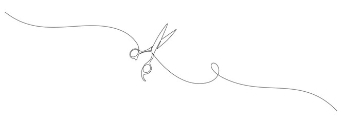 One continuous line drawing of hair scissors. Minimalistic web banner and modern logo of barber shop and hairdressing salon in simple linear style. Editable stroke. Doodle outline vector illustration