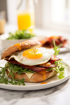 Bacon and egg breakfast sandwich in a white kitchen on the table with a runny yolk