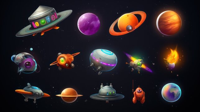 Illustration of solar system planets, rockets and flying saucers on a black background.