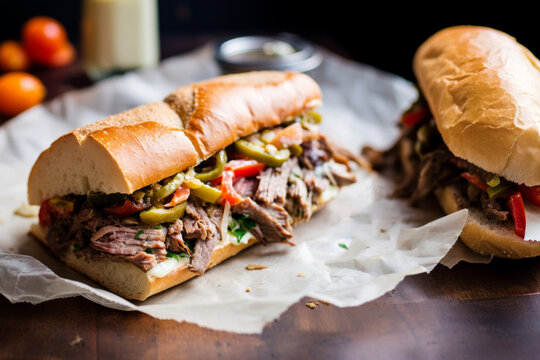 Italian beef sandwich on a wooden board for lunch