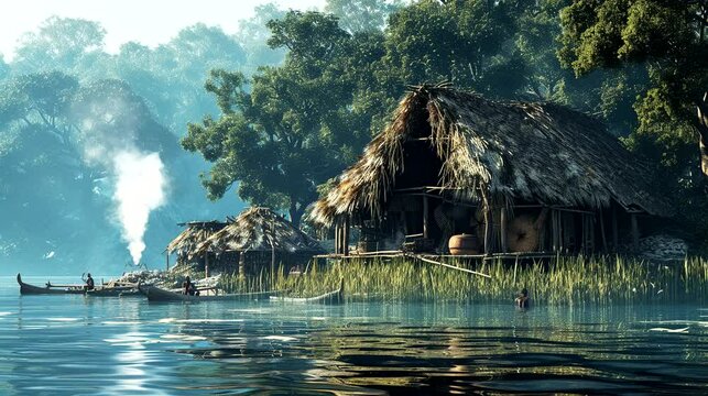 Riverside Serenity: A Village House by the River, Perfect for Relaxation. Crafted by Generative AI
