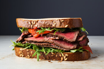 Roast beef sandwich in a white kitchen on the table for lunch with greens - 739626743