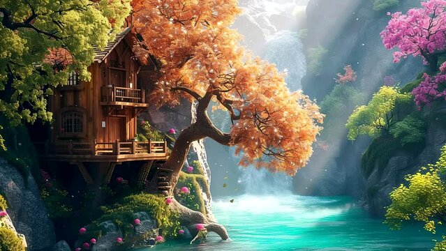 Tranquil Treetop Haven: A Beautiful Tree House Amidst Riverside Serenity. Generated by AI
