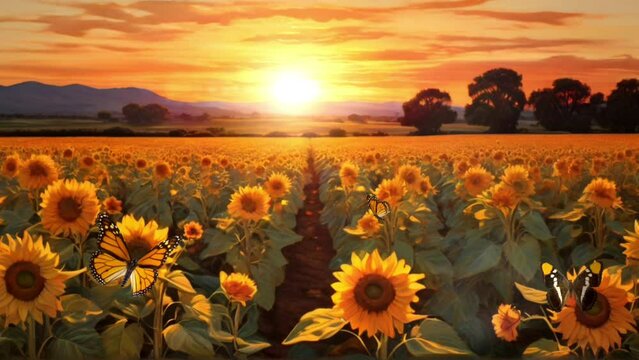Sunflower field and butterflies at sunset illustration-1