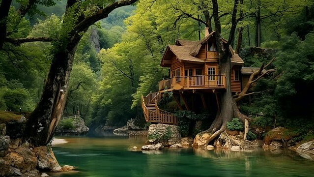 Riverbank Oasis: A Beautiful Tree House Resting by the Flowing River. Created by Generative AI