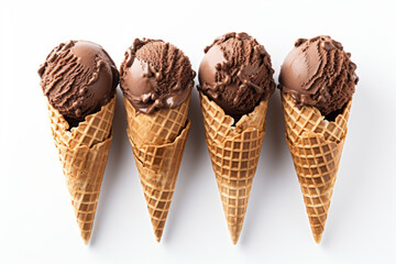 Chocolate ice cream scoops in a waffle cones on a white background overhead view - 739627124