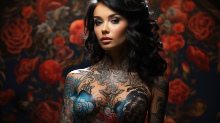 Portrait of a beautiful red hair girl with tattoos, posing