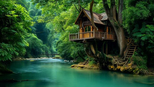 Riverside Retreat: A Beautiful Tree House Nestled by the River. Crafted by Generative AI