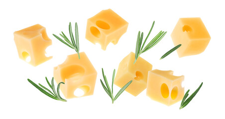 Cheese and rosemary flying on white background