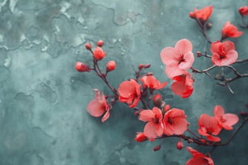 Red flowering branches spread across a turquoise background