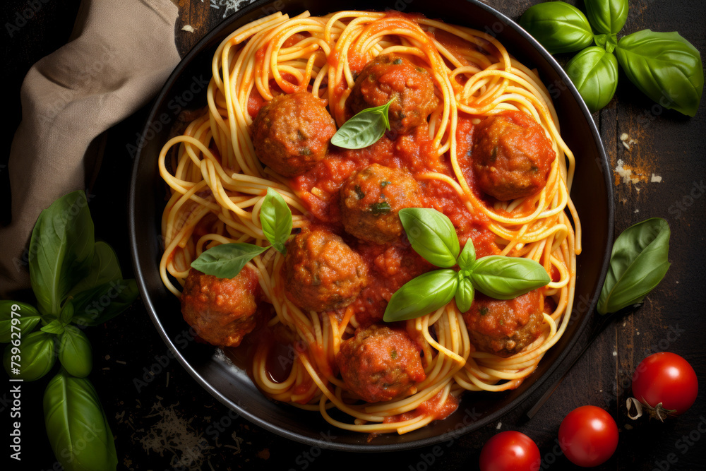 Wall mural spaghetti with meatballs and tomato sauce and fresh basil overhead shot