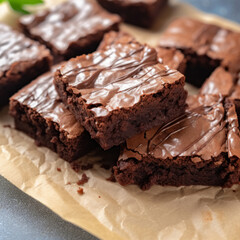 Freshly baked homemade brownies stacked on parchment paper - 739627913