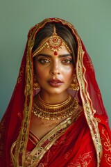 Fototapeta na wymiar Hindu Woman in Red and Gold Outfit. Generative AI