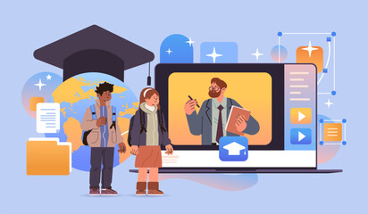 mix race students watching free online courses on laptop education day live webinar e-learning concept horizontal