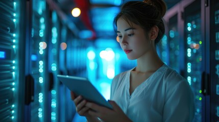 Female IT Specialist Uses Tablet in Data Center. Server Farm Cloud Computing Facility with Maintenance Administrator Working. Cyber Security Engineer Working