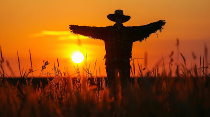 A lone scarecrow stands tall against the fading light of the sunset its silhouette blending in with the quiet countryside. - obrazy, fototapety, plakaty