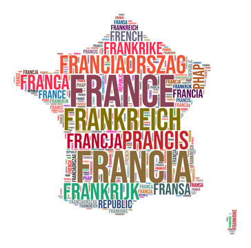 France country shape word cloud. Typography style country illustration. France image in text cloud style. Vector illustration.