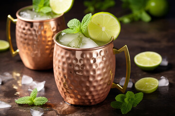 Moscow mule cocktail with lime and mint in traditional cups - 739629152