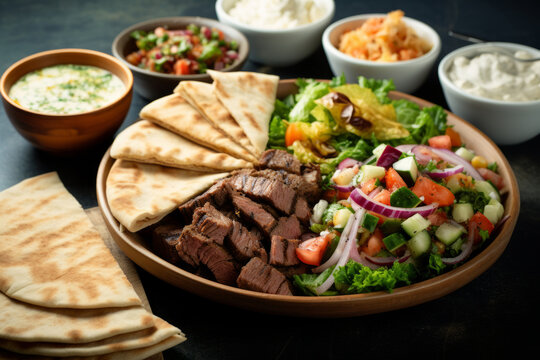 Mediterranean food on the table, gyro platter, pita and dips and tabbouleh