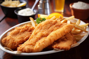 Fried catfish on a serving plate with lemon wedges and sauces