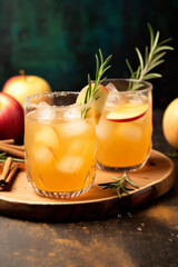 Fototapeta premium Hard apple cider cocktail with apple slices and rosemary sprigs