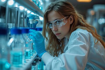 young woman  in laboratory, scientific equipment, technological environment, research.
