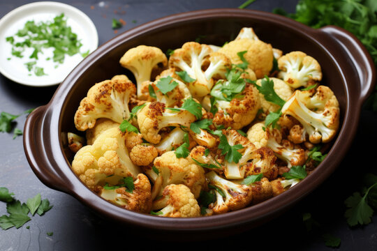 Roasted cauliflower with parsley in a baking dish, vegan side dish