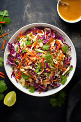 Asian cole slaw salad with peanut butter dressing overhead shot
