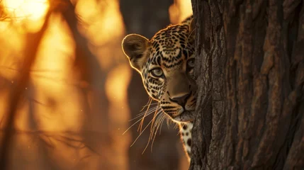  A curious leopard peeks out from behind a tree its spots illuminated by the light of the rising sun. © Justlight