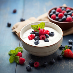 Greek yogurt bowl with berries, plain whole milk yogurt, healthy snack - 739629990