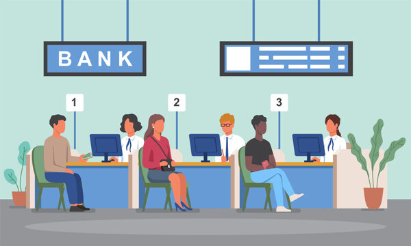 Interior of modern banking office with customers and employees. The concept of providing banking services. Credit managers and consultants sit at computers and serve clients. Flat vector illustration