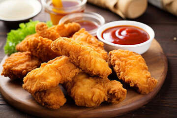 Fried chicken tenders or nuggets with ketchup and ranch for dipping
