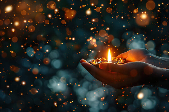 Indian candle light in hands diwali celebration background